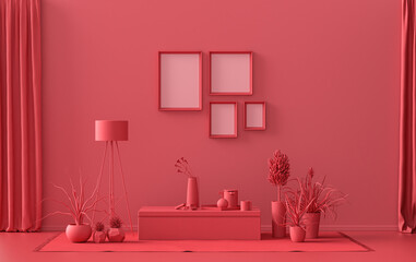 Interior room in plain monochrome dark red, maroon color, 4 frames on the wall with furnitures and plants, for poster presentation, Gallery wall. 3D rendering