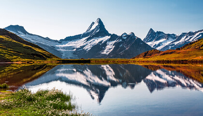  atterhorn ,Sunrise view on Bernese range above Bachalpsee lake. Highest peaks Eiger, Jungfrau and...