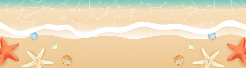Summer Beach Banner vector illustration. Beautiful sea wave on sandy beach with shells
