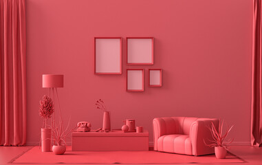 Interior room in plain monochrome dark red, maroon color, 4 frames on the wall with furnitures and plants, for poster presentation, Gallery wall. 3D rendering