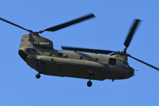 Tokyo, Japan - May 26, 2019:United States Army Boeing CH-47F Chinook heavy-lift helicopter.