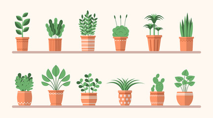 Obraz premium Vector plant in pot colorful flat set. Interior decor collection. Spring green plants