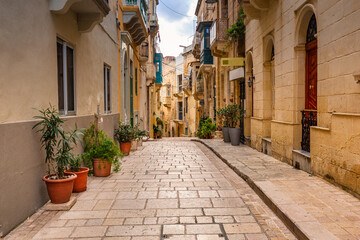 Narrow streets of the old town in Birgu, Malta