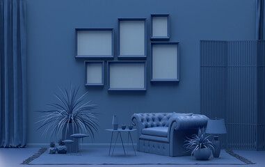 Wall mockup with six frames in solid flat  pastel dark blue color, monochrome interior modern living room with furnitures and plants, 3d rendering