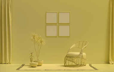 Single color monochrome light yellow color interior room with single chair and plants,  4 poster frames on the wall, 3D rendering