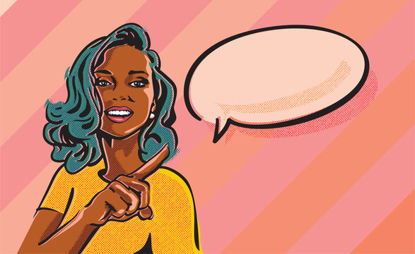 Beautiful black woman pointing to the speech bubble which implies some sale or discount deal. Pop art black woman advertising banner.
