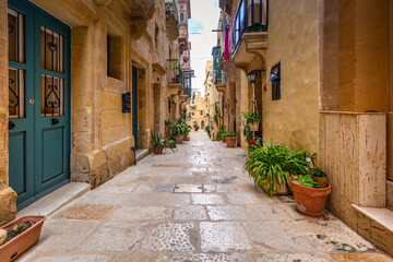 Narrow streets of the old town in Birgu, Malta