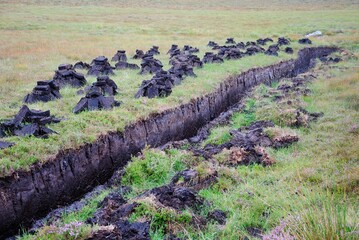 Peat or turf extraction on the Isle of Lewis, Scotland, UK