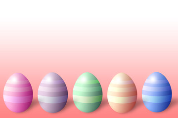 3D easter eggs in blue green pink violet orange colors on pastel coral overlay illustration