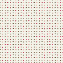 Cute Seamless vector pattern with little colourful hearts on beige background. Perfect for printing on fabric, wrapping and gift paper, wallpaper, Valentine and wedding backgrounds.