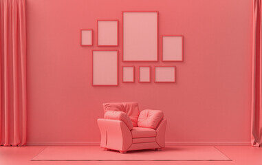 Minimalist living room interior in flat single pastel light pink, pinkish orange color with 8 frames on the wall and furnitures and plants, in the room, 3d Rendering