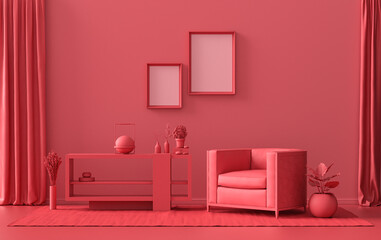 Double Frames Gallery Wall in dark red, maroon color monochrome flat room with furnitures and plants, 3d Rendering