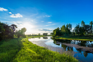 Landscape with Morning sunrise over the river in countryside.