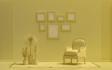 Mock-up poster gallery wall with 7 frames in solid pastel light yellow room with single chair and plants, 3d Rendering