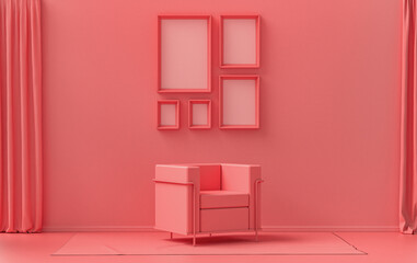 Flat color interior room for poster showcase with 5 frames  on the wall, monochrome light pink, pinkish orange color gallery wall with single chair, without plant. 3D rendering