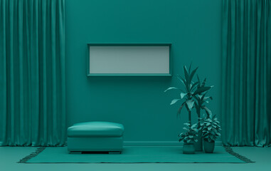 Single Frame Gallery Wall in dark green color monochrome flat room with furnitures and plants, 3d Rendering