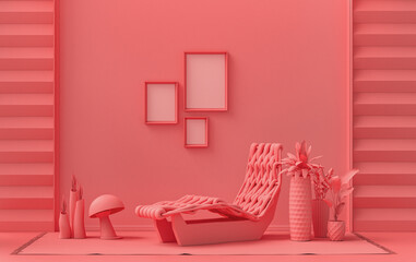 Gallery wall with three frames, in monochrome flat single light pink, pinkish orange color room with a meditation bed, furnitures and plants,  3d Rendering