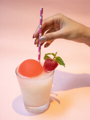 Cafe - Pink drink with mocktail and strawberry