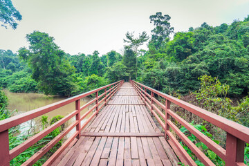 Fototapeta premium Wooden bridge over the river at Khao Yai National Park, Pak Chong, Nakhon Ratchasima, Thailand.