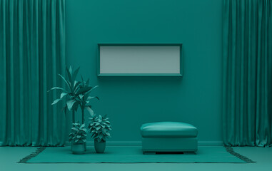 Single Frame Gallery Wall in dark green color monochrome flat room with single chair and plants, 3d Rendering