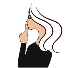 Female face profile sketch with finger near lips, vector