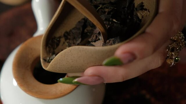 The tea master pours tea from the chahe into the teapot. Slow motion close-up, macro shot. Traditional Chinese tea drinking ceremony. Chinese Japanese tea, Puer Shu Gong Ting Xiao Tocha Oolong Zhang