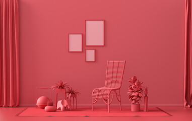 Gallery wall with three frames, in monochrome flat single dark red, maroon color room with furnitures and plants,  3d Rendering