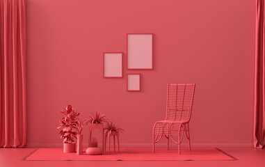 Gallery wall with three frames, in monochrome flat single dark red, maroon color room with single chair and plants,  3d Rendering