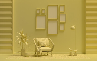 Minimalist living room interior in flat single pastel light yellow color with 8 frames on the wall and furnitures and plants, in the room, 3d Rendering
