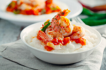 Shrimp and Grits on a plate. . High quality photo