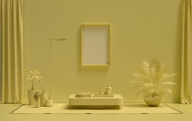 Fototapeta na wymiar Single Frame Gallery Wall in light yellow color monochrome flat room with furnitures and plants, 3d Rendering