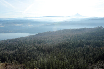 View of the Columbia River Gorge with Mt. Hood, as seen from the Washington state side, on a nice sunny day.
