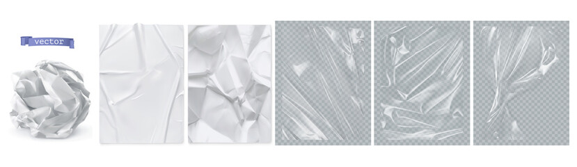 Crumpled paper, white paper, transparent plastic film. 3d realistic vector texture - obrazy, fototapety, plakaty