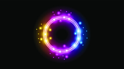 Sun Eclipse with Pink Orange and blue Fire on Dark Background, Vector. Moon Design with Glowing Light.  Space and Science concept