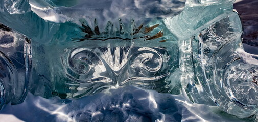 Element of a melted ice sculpture close-up in winter