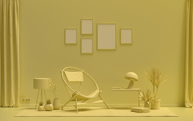 Flat color interior room for poster showcase with 5 frames  on the wall, monochrome light yellow color gallery wall with furnitures and plants. 3D rendering