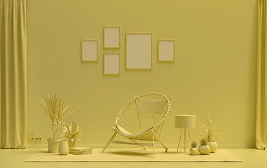 Flat color interior room for poster showcase with 5 frames  on the wall, monochrome light yellow color gallery wall with furnitures and plants. 3D rendering