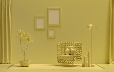 Gallery wall with three frames, in monochrome flat single light yellow color room with furnitures and plants,  3d Rendering
