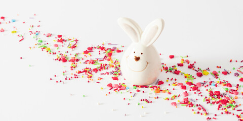 Easter bunny on white background. Minimum Easter holiday concept. copy space, close-up