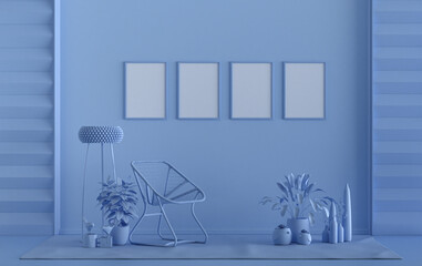 Single color monochrome light blue color interior room with furnitures and plants,  4 poster frames on the wall, 3D rendering