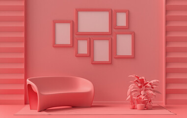 Poster frame background room in flat light pink, pinkish orange color with 6 frames on the wall, solid monochrome background for gallery wall mockup, 3d rendering