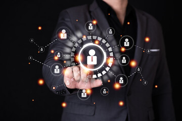 business man hand touch on virtual people connection screen