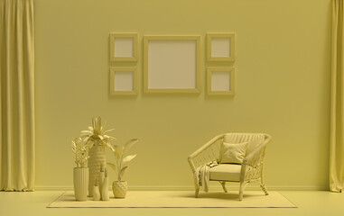 Flat color interior room for poster showcase with 5 frames  on the wall, monochrome light yellow color gallery wall with single chair and plants. 3D rendering