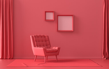 Gallery wall with 2 frames, in monochrome flat single dark red, maroon color room with single chair, without plant,  3d Rendering