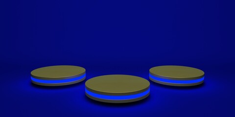 Golden product stand futuristic or podium pedestal on empty display with blue backdrops. 3D rendering.