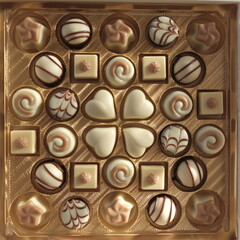 Chocolate candy .White chocolate. Assorted chocolate truffles in a gold box close-up. Sweets and desserts concept.chocolate sweets.Chocolate candies set in an open box. top view.