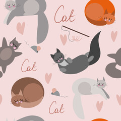 Seamless pattern with sleeping cats on pink background