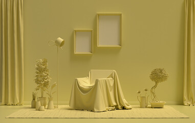 Double Frames Gallery Wall in light yellow color monochrome flat room with a chair covered with cloth, furnitures and plants, 3d Rendering