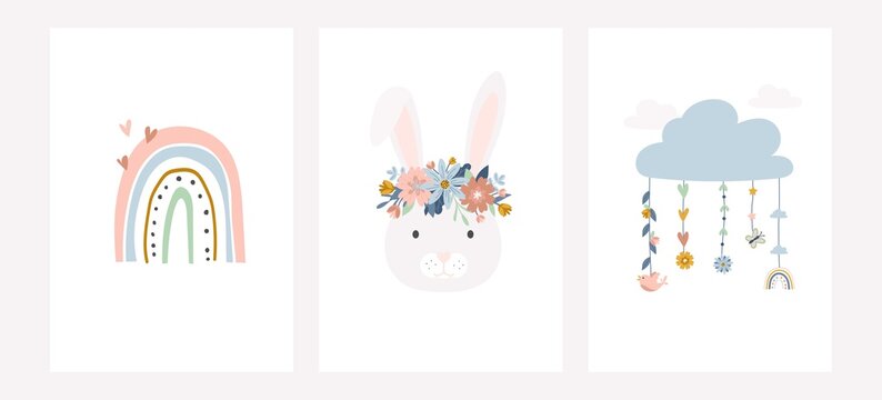 Cute vector pastel cards set for baby room decoration. Bunny head with floral wreath, rainbow, hearts, cloud and flowers in cartoon flat style, Vector illustration for poster, greeting card, print etc