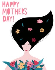 Happy Mother's day cute card, poster, cover or banner template with lettering. Young beautiful mom holding a bouquet of flowers. Cartoon spring holiday vector illustration. Mother's day background